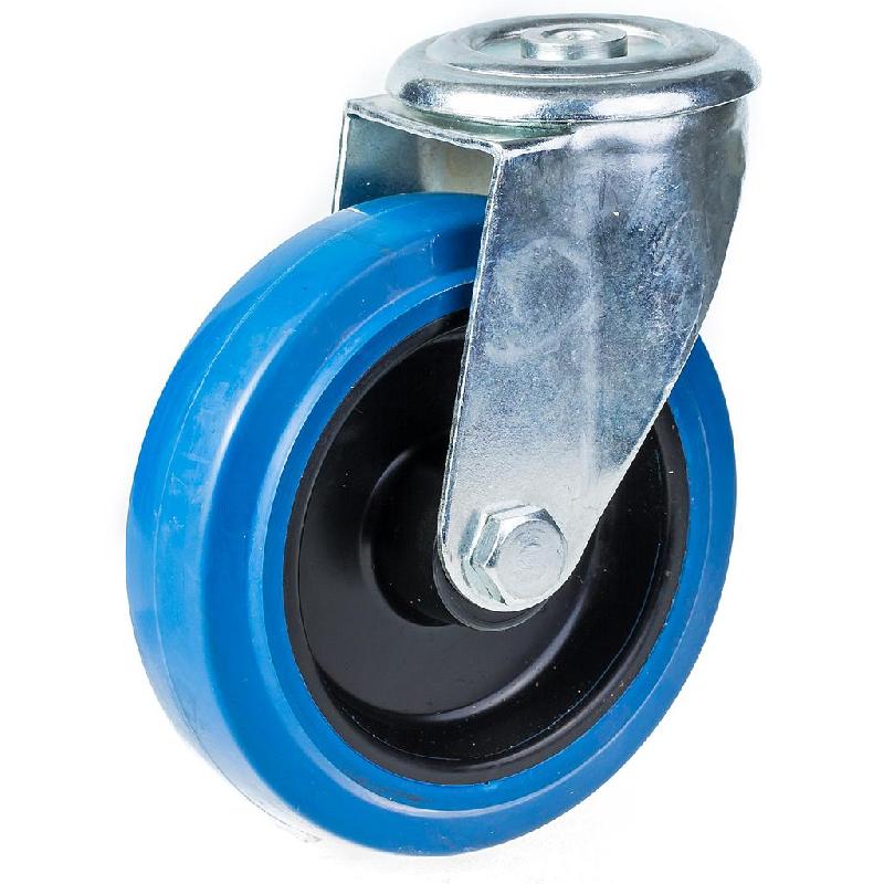 Roulette pivotante de 125 mm avec caoutchouc élastique bleu sur roue centrale en nylon_0