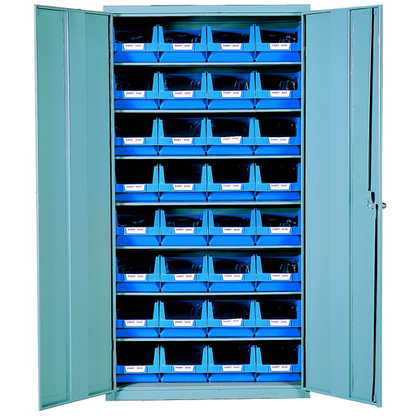 Armoire 2 portes avec 32 bacs bleus de 10 litres en polypropylène - 7 étagères - Marque Rolléco_0