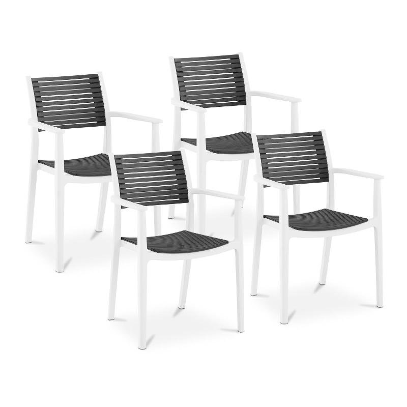 LOT DE 4 CHAISES SALON SALLE À MANGER RESTAURANT CAFÉS BUREAUX TERRASSES SALLES D\'ATTENTE 150 KG MAX DOSSIER AVEC FENTES D\'AÉRATION ACCOUDOIRS GRIS 14_0005995_0