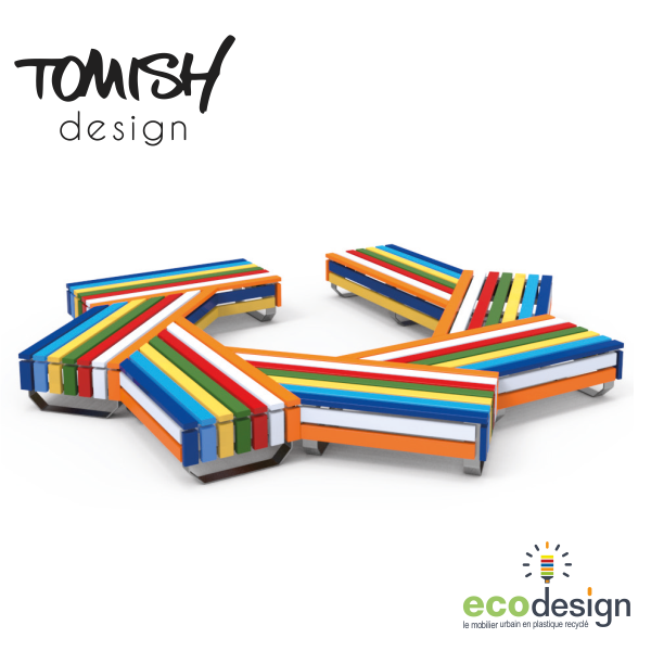 Banc public en plastique circulaire eco design Rigodon ouvert - 8 banquettes modulaires - ossature acier galvanisé_0