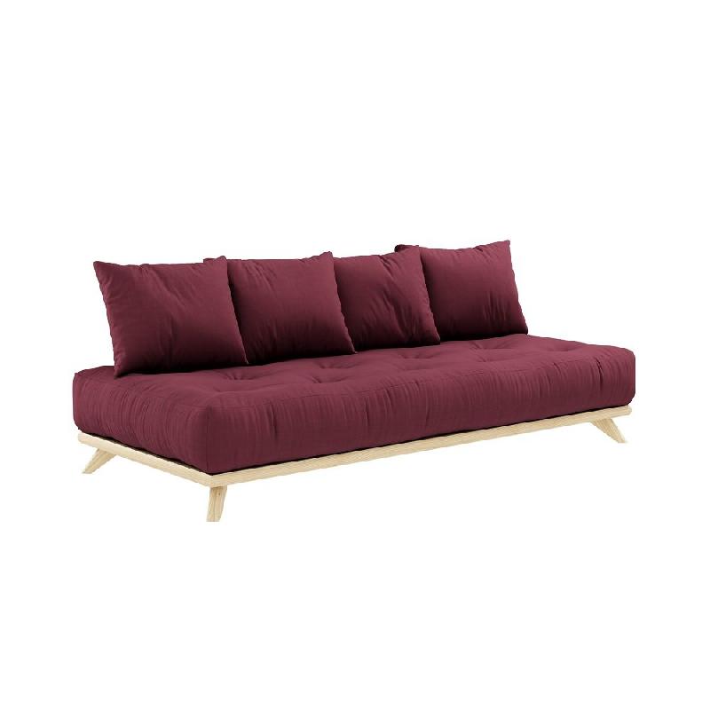 CANAPÉ CONVERTIBLE FUTON SENZA PIN NATUREL COLORIS BORDEAUX COUCHAGE 90 CM._0