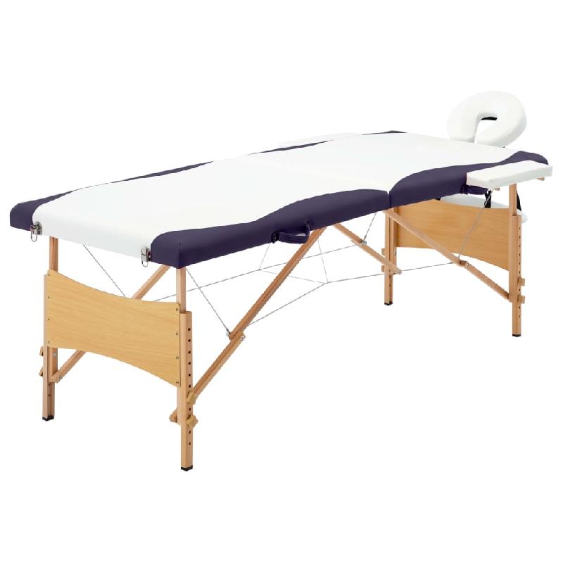 TABLE DE MASSAGE PLIABLE LIT DE MASSAGE BANC CANAPÉ THÉRAPIE COSMÉTIQUE PORTABLE PROFESSIONNEL SHIATSU REIKI 2 ZONES BLANC ET VIOLET BOIS 02_0001812_0