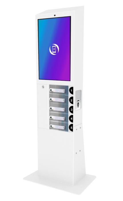 Borne de rechargement interactive connectée - 5 casiers sécurisés, écran tactile 27’’ - Câbles Lightning, Micro-USB, USB-C_1