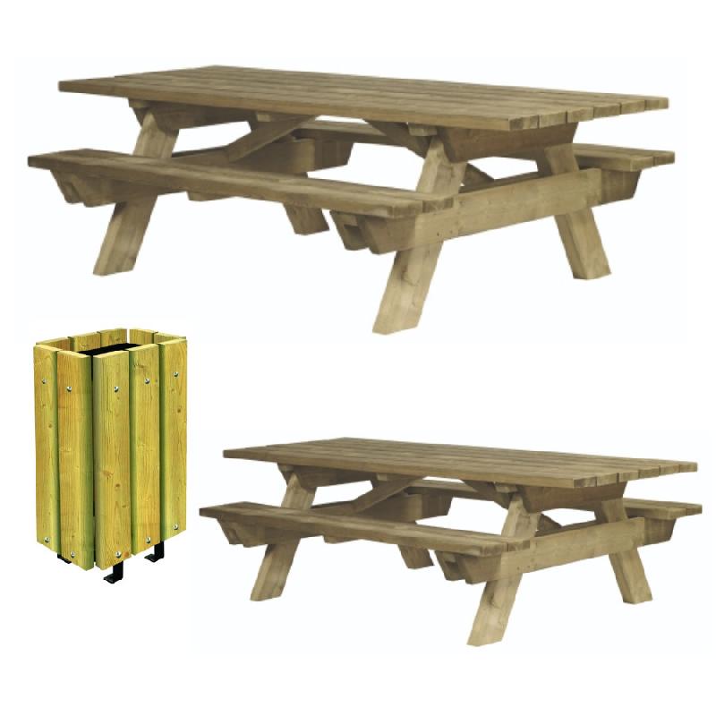 Lot de 2 tables pique-nique Berlin à sceller - bois traité + 1 corbeille extérieure Brême_0