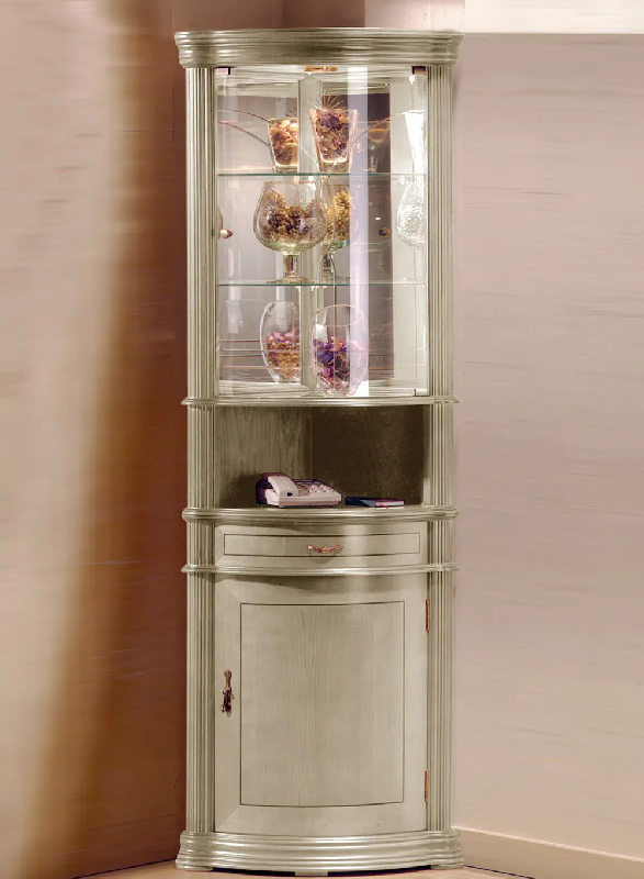Vitrine d'angle en bois DV32VA - laqué crème cérusé avec fond miroir et tablettes réglables_0