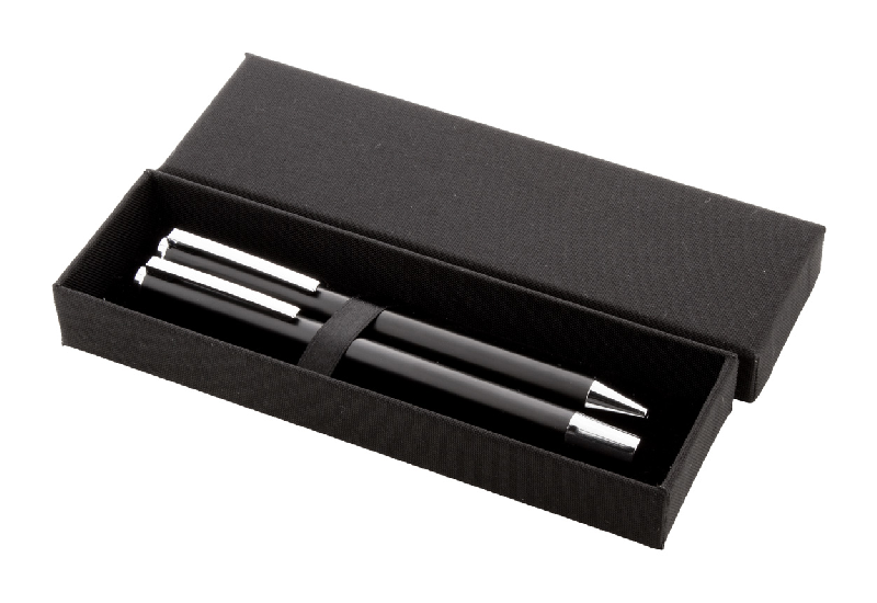 Parure stylos - aluminium recyclé - roller et stylo à bille - avec étui boîte cadeau en papier noir - encre bleue_0