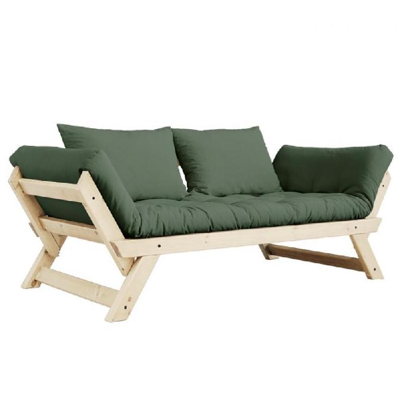 BANQUETTE MÉRIDIENNE FUTON BEBOP PIN NATUREL COLORIS VERT OLIVE COUCHAGE 75*200 CM._0