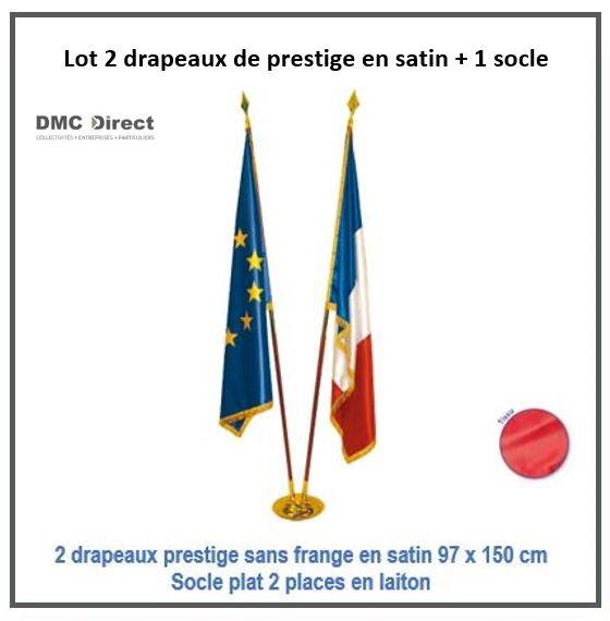 Lot de 2 drapeaux de prestige en satin 97 x 150 cm - France et Union Européenne - avec hampe démontable et socle laiton 2 places_0