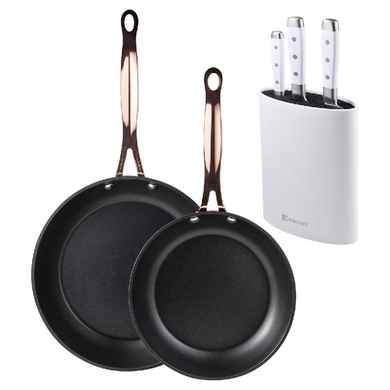 BERGNER - Jeu de 2 Poêles Ø20/24 cm en Aluminium Forgé Noir Mat avec Jeu de 3 Couteaux en Acier Inoxydable avec Bloc - PK9543_0