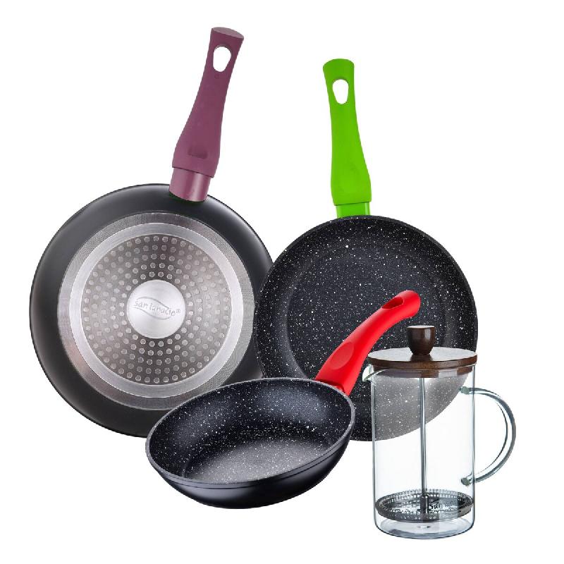 BERGNER - Jeu de 3 Poêles Ø18/Ø22/Ø26cm Jolie en Aluminium Forgé Compatibles Induction avec Cafetière à Piston en Verre Borosilicate 15,8×10×_0