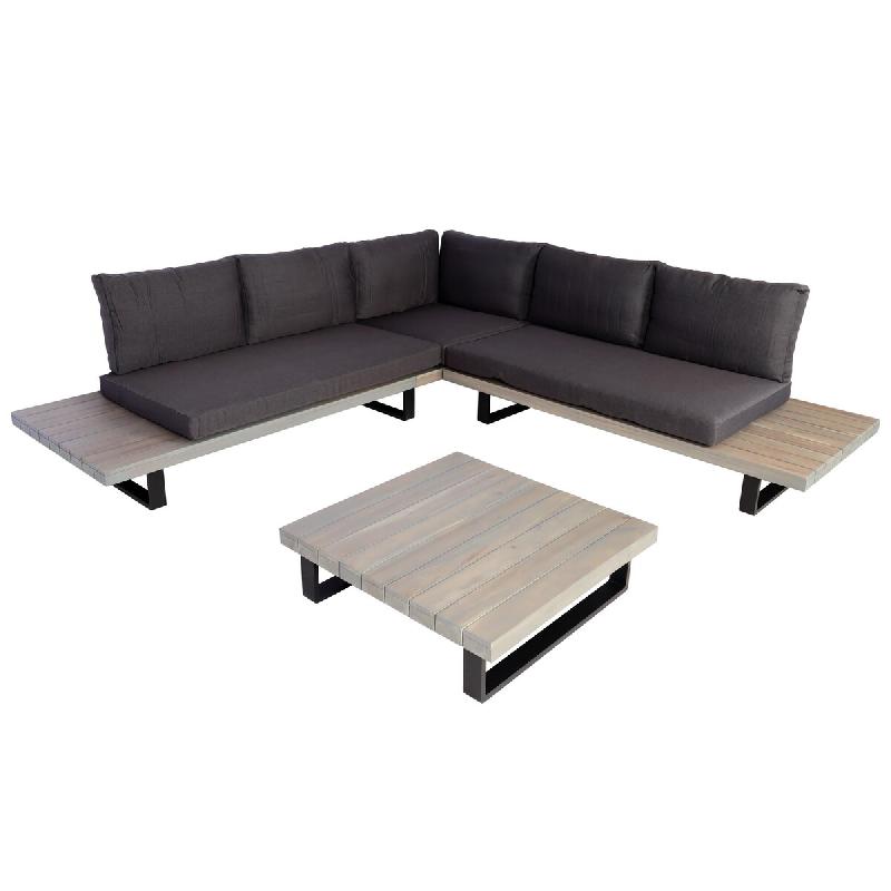 Décoshop26 - Salon de jardin ensemble lounge 5 places 255x255 cm aluminium et bois d'acacia avec coussins gris 04_0010291 - gris aluminium 3000267959_0