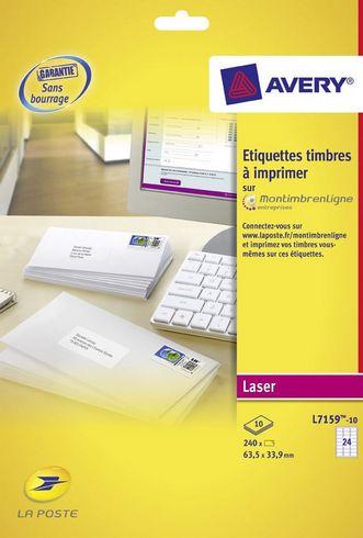 ETIQUETTE TIMBRE 63,5 X 33,9 MM LASER AVERY L7159-10 BLANCHE - BOÎTE DE 240