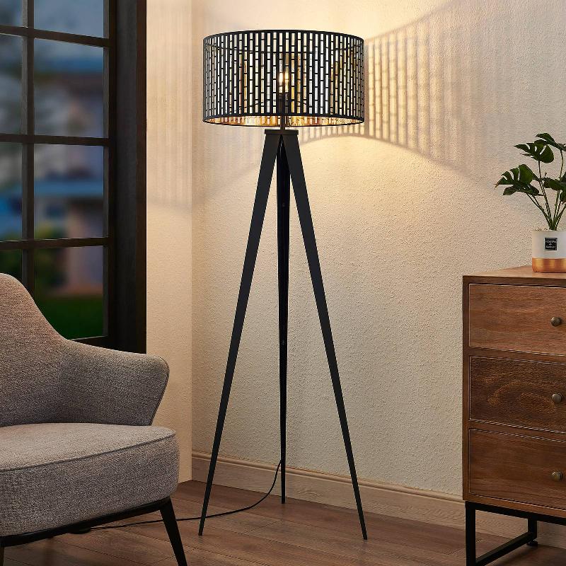 LINDBY LAMPE SUR PIED THORALF, TRÉPIED, NOIR, TEXTILE, Ø50CM