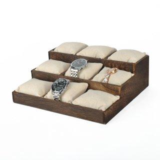 PLATEAU BOIS ET COTON EN ESCALIER POUR BRACELETS MONTRES AVEC COUSSINS
