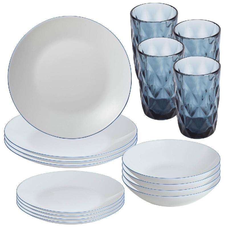 San Ignacio - Service de vaisselle 12 pièces blanc avec bord bleu et lot de 4 verres en cristal bleus de 350 ml - multicolore Verre opale PK9434_0