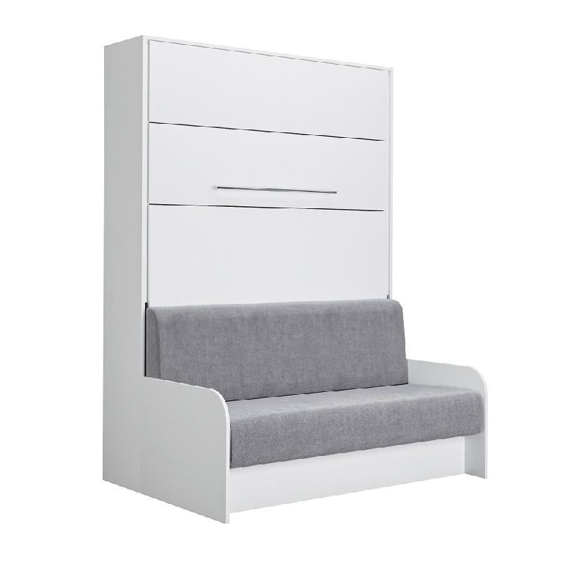 Armoire lit escamotable Sofa Automatica 140 cm blanche - Canapé microfibre gris intégré, dépliage automatique_0