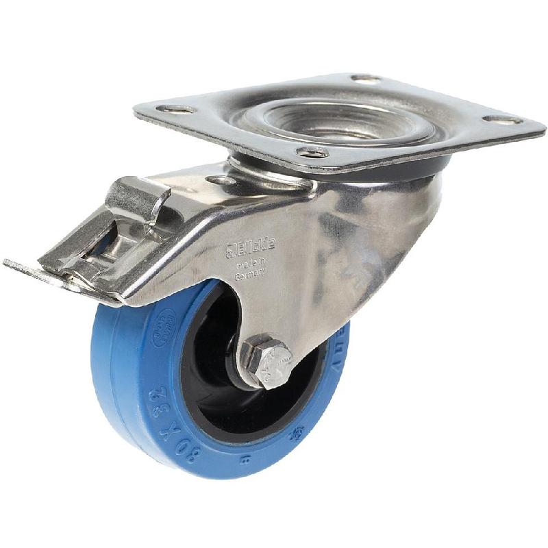 Roulette pivotante/frein de 80 mm en acier inoxydable avec caoutchouc élastique bleu sur centre en nylon_0