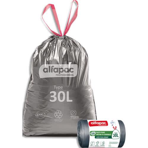 Alfapac - Boîte de 450 sacs poubelle à lien coulissant recyclés 30L résistants - Coloris argent/noir - Origine France Garantie_0