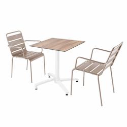 Oviala Business Ensemble table terrasse stratifié chêne foncé avec 2 fauteuils taupe - gris métal 110838_0