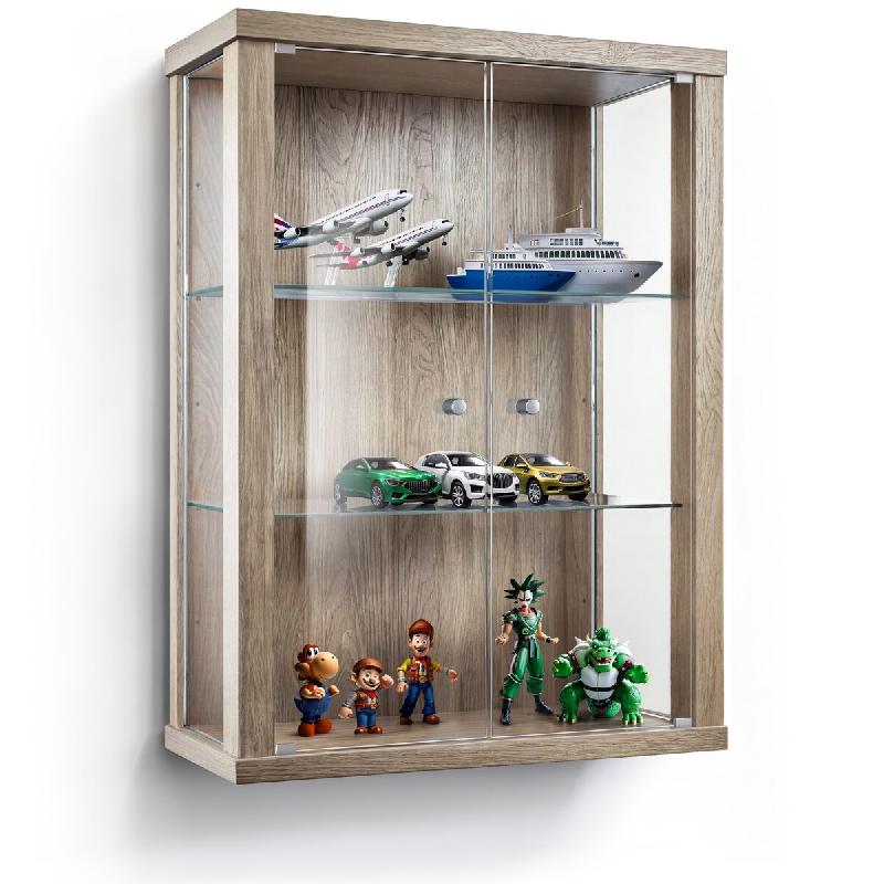 K-Möbel suspension vitrine en chêne Sonoma (80x60x25 cm) avec 2 étagères en verre réglables en hauteur - modèle de voiture vitrine d'argent - gr_0