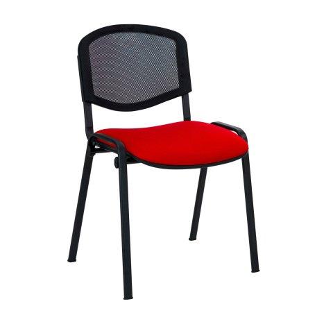 LOT DE 4 - CHAISE CONFÉRENCE RECONDITIONNÉE ASSISE TISSU ROUGE DOSSIER MAILLE NOIRE