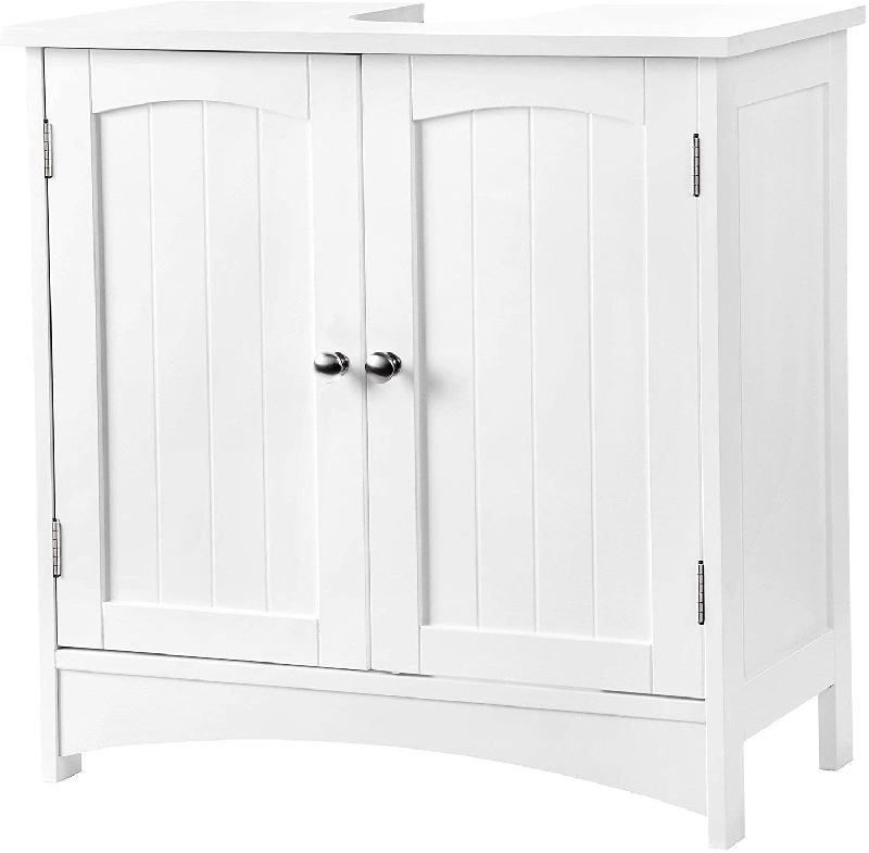 MEUBLE SOUS LAVABO ARMOIRE DE RANGEMENT 2 PORTES BATTANTES 2 CASIERS 1 SÉPARATEUR AMOVIBLE ANTI-HUMIDITÉ 60 X 30 X 60 CM BLANC 12_0000680_0