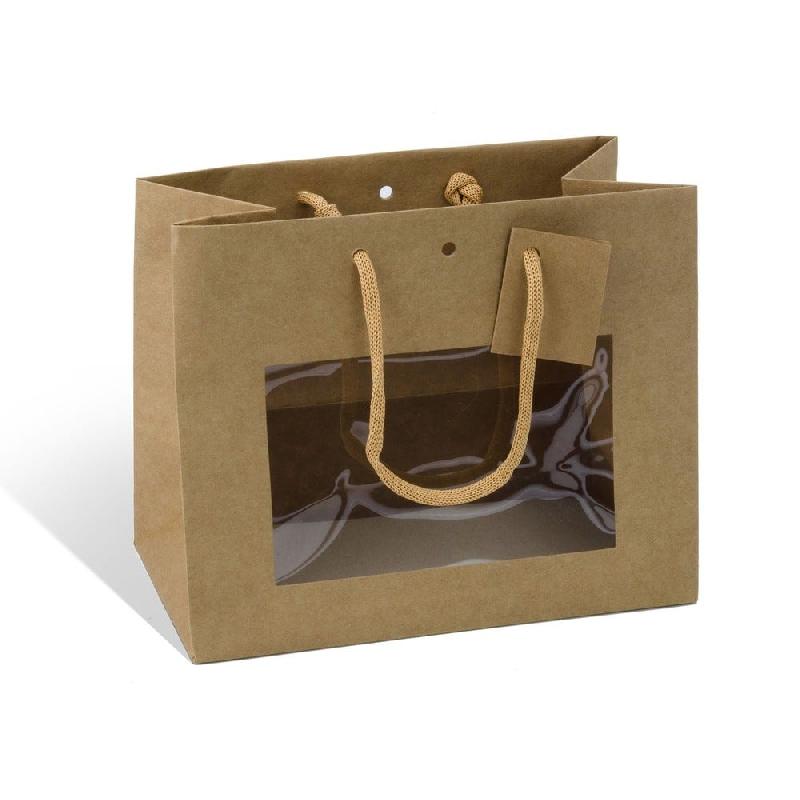 Sac kraft avec fenêtre à poignées papier 24x14x19.5cm - par 10 - Finition haut de gamme - Couleur Brun_0