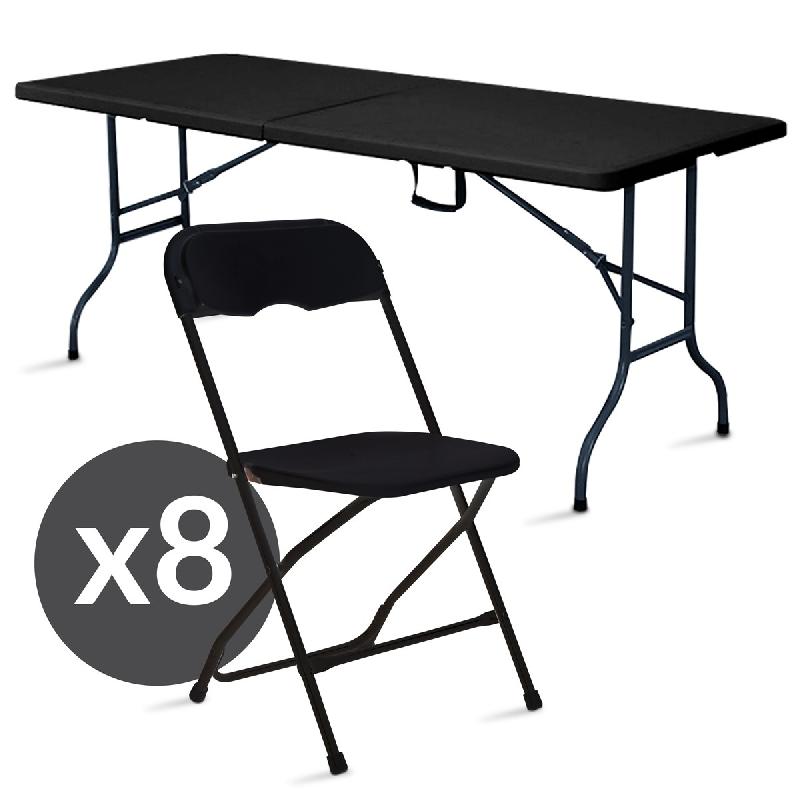 Table noire et chaises pliantes noires 8 places 180cm pehd_0
