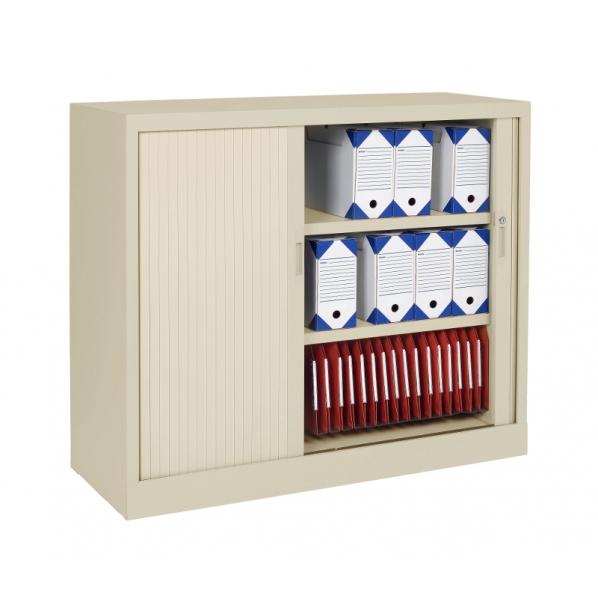 Armoire basse à rideaux - Corps ivoire - 3 étagères solides de 50 kg chacune_0