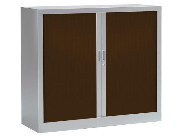 Armoire basse à rideaux bois - 1000 x 430 x 1000 mm - Gris aluminium wengé - 2 étagères - Fabrication française_0