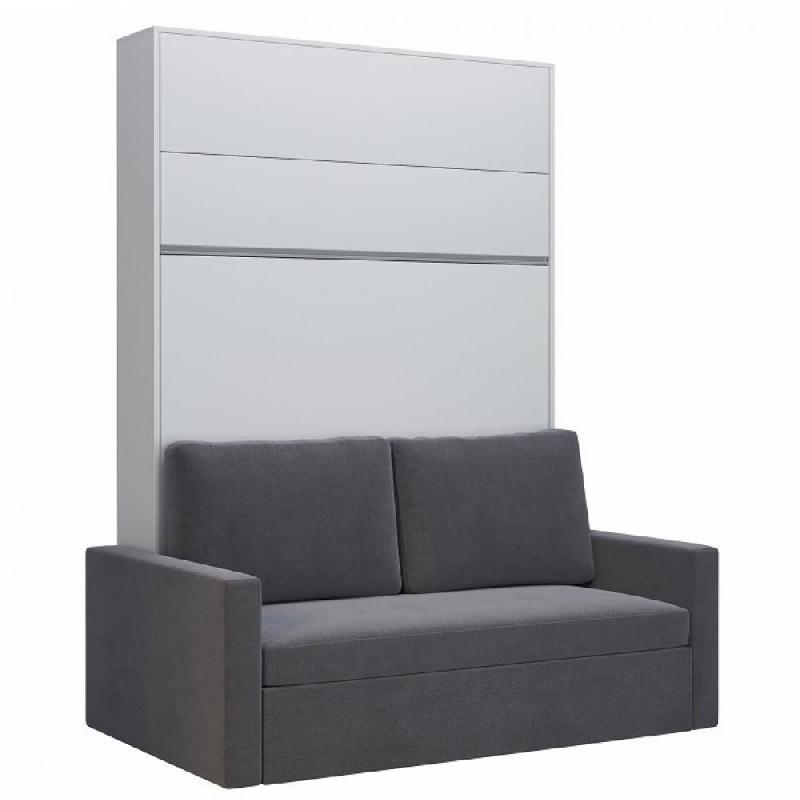 ARMOIRE LIT ESCAMOTABLE DJUKE SOFA BLANC BANDEAU BLANC MAT CANAPÉ GRIS 140*200 CM_0