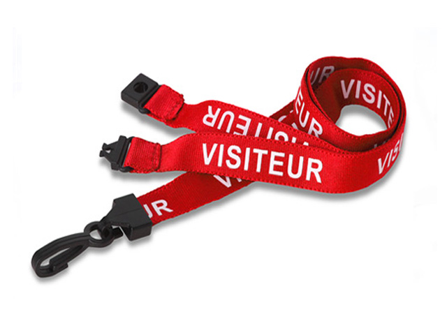 Cordon textile pour badge 15 mm - Pré-imprimé VISITEUR - Avec crochet métal ou plastique, système sécuritaire_0