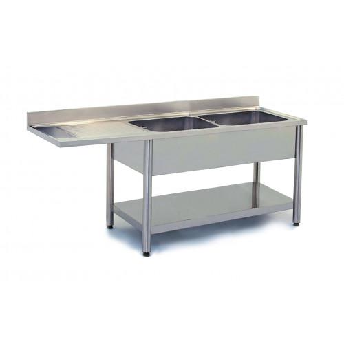 PLONGE INOX AVEC ENCASTREMENT LV 2 BACS + ÉGOUTTOIR À DROITE 600 X 1600 MM