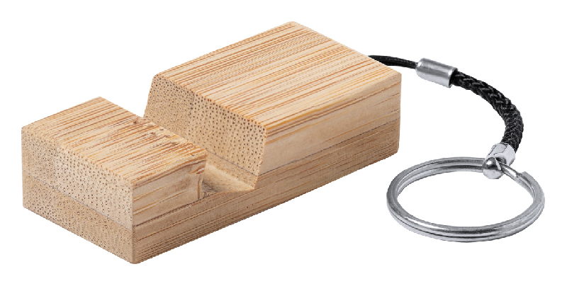 Porte-clés support portable en bambou - anneau en métal - couleur naturelle - 16g_0