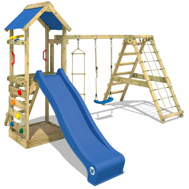 WICKEY AIRE DE JEUX PORTIQUE BOIS STARFLYER AVEC BALANÇOIRE ET TOBOGGAN BLEU MAISON ENFANT EXTERIEUR AVEC BAC À SABLE, ÉCHELLE D'ESCALADE & ACCESSOIRES DE JEUX