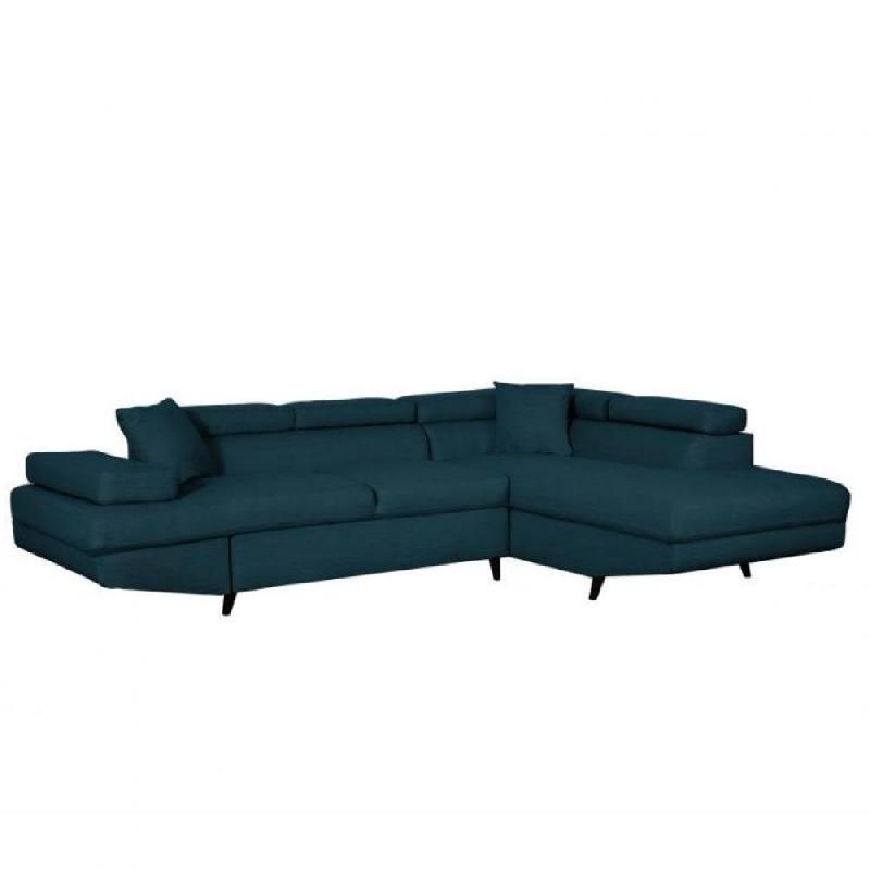 Canapé d'angle méridienne droite RINO - convertible avec coffre - bleu canard - pieds laqués noir - 3 têtières réglables - 2 coussins déco_0