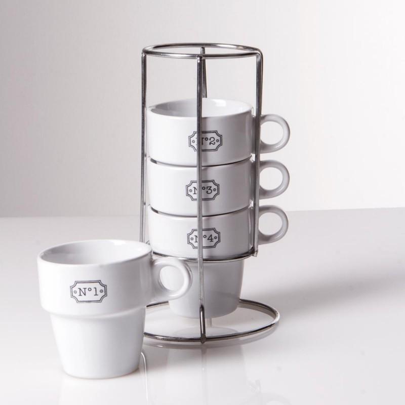 Set de 4 mugs avec rack blanc - Faïence et métal - Paris Prix_0