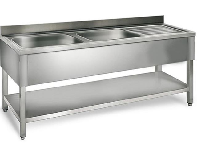 Plonges inox professionnelles avec 2 bacs, égouttoir, étagère et dosseret - L1400 x P600 x H850 mm_0