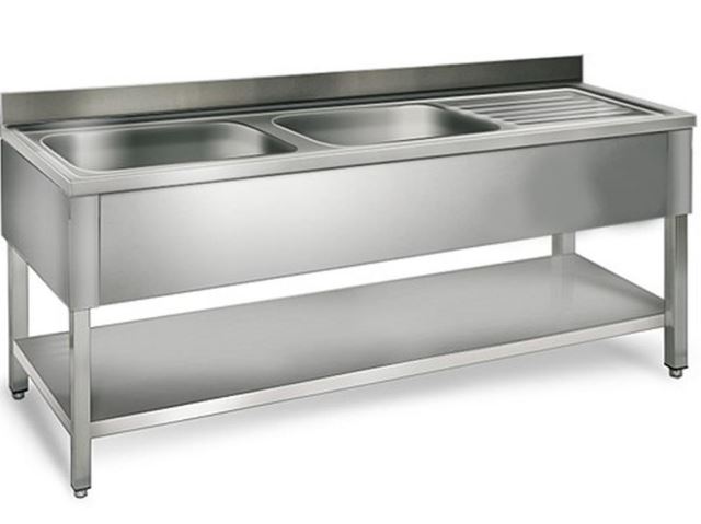 Plonges inox professionnelles avec 2 bacs avec égouttoir et étagère - l1400 x p600 x h850 mm_0