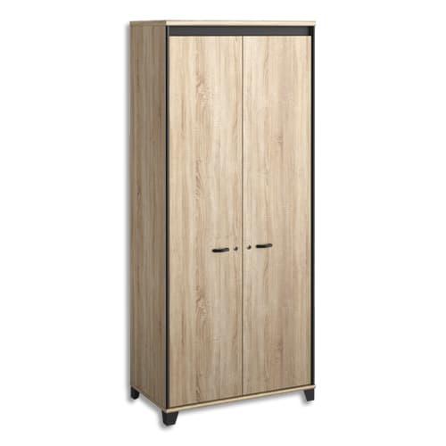 Gautier armoire 2 portes battantes à serrure - 3 étagères - L80 x H187 x P46 cm - Finition chêne sonoma et noir_0