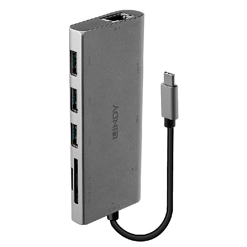 Lindy 43278 - Hub USB 3.2 Gen 1 Type-C avec HDMI, VGA, RJ-45 et lecteur de cartes mémoire - Aluminium - 5000 Mbit/s_0