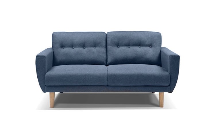 Canapé scandinave 2 places en tissu chiné bleu - modèle Isabelle avec pieds en bois et dossier capitonné_0