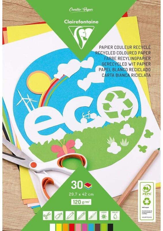 Clairefontaine Lot de 5 Bloc de 30 feuilles de papier recyclé couleur, 120 g/m², A3, coloris assortis - 3065500265028_0