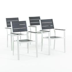 RATTATAN Set de 4 chaises d'extérieur, jardin, empilables avec accoudoirs, structure en acier peint et assise en polyéthylène à lames effet bois -_0