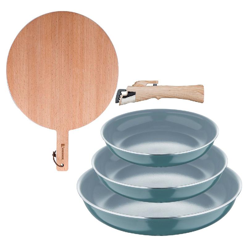 BERGNER - Ensemble de 3 poêles Ø18/20/24 cm en aluminium embouti recyclé vert avec poignée amovible et planche à découper ronde en bois de hêtr_0