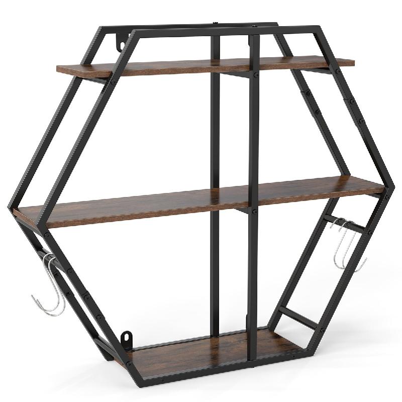 COSTWAY Étagère murale hexagonale, 3 niveaux avec crochets et cadre métallique, bibliothèque, 80x18x69,5cm - noir Bois manufacturé VH35163OR_0