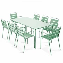 Oviala Business - Ensemble table de terrasse rectangulaire et 8 fauteuils en métal vert sauge - Palavas - acier thermolaqué, anti-rouille et anti-UV_0