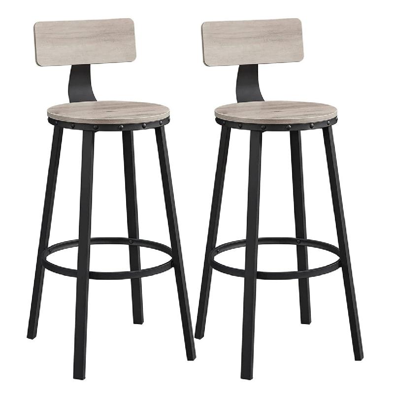 Lot de 2 chaises de bar - Tabourets hauts avec dossier - Style industriel grège et noir - Siège 73 cm - Cadre en acier - Montage facile - 12_0002533_0