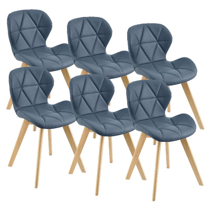 Lot de 6 chaises de salle à manger en similicuir bleu - 81 x 57 x 49 cm - pieds en hêtre_0