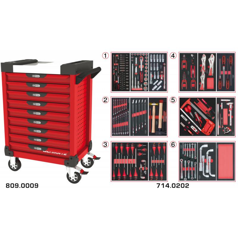 Servante PEARLline rouge 9 tiroirs équipée de 202 outils - KS Tools | 809.9202_0